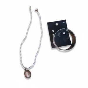 Jewelry Lot Pearl Necklace Cameo Pendant + NWT Silver Tone Hoop Bracelet Bundle